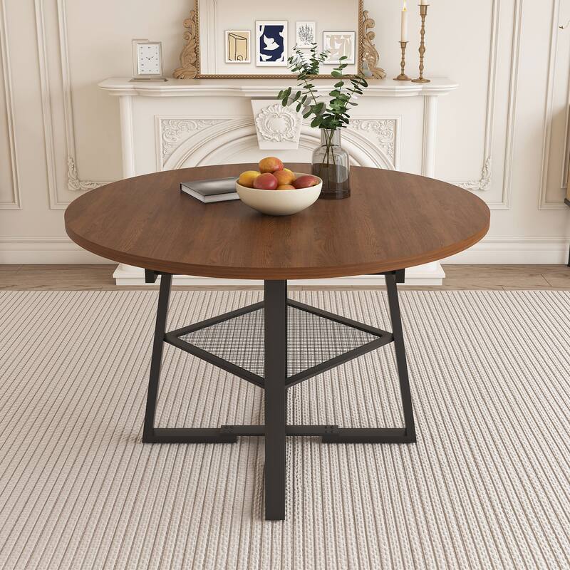 Extendable Round Dining Table, Kitchen Table with Open Wire Grid Shelf, Meeting Table for 4-8 People