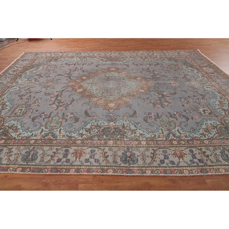 Overdyed Blue Tabriz Persian Vintage Rug Hand-Knotted Wool Carpet - 9'6"x 12'8"