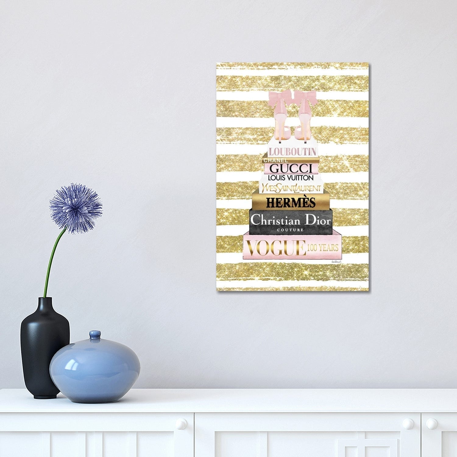 Tall Pink Gold With Bow Shoes Glitter Stripe Art: Canvas Prints