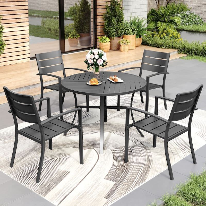 MAISON ARTS Outdoor 5 Pieces Dining Set Metal Table with Umbrella Hole & Stackable Patio Dining Chairs - Round Table