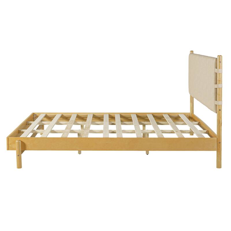 Premium Rubber Wood Platform Bed Frame, King Bed Frame with Headboard Included, Mid Century Modern Bed With Beige Color