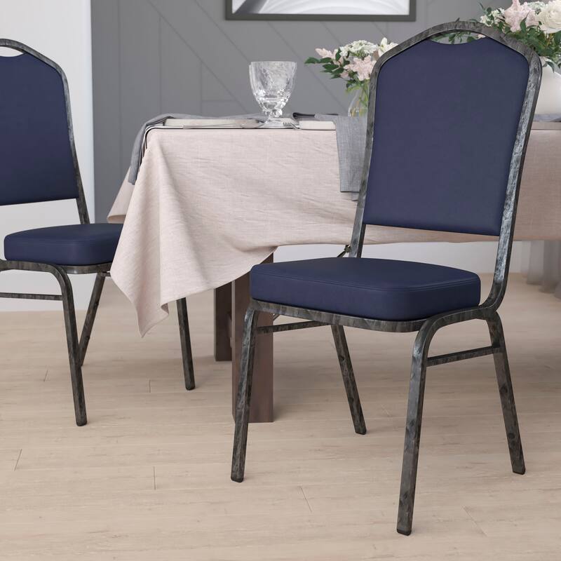 Crown Back Stacking Banquet Chair - Navy Vinyl/Silver Vein Frame