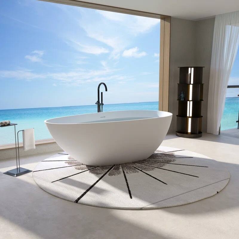 ABRUZZO Freestanding Soaking Solid Surface Bathtub with Overflow and Pop-up Drain