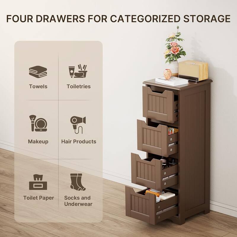 Bathroom freestanding floor standing storage cabinet with 4 drawers slim storage cabinet tall linen tower