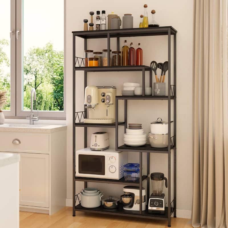 7-Shelves Staggered Bookcase Industrial Etagere Bookcase, Open Book Shelves