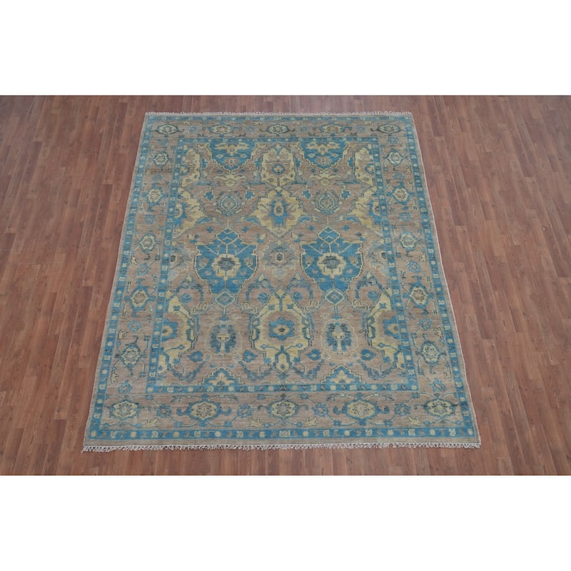 Oushak Indian Area Rug Hand-Knotted Transitional Brown Wool Carpet - 8'0" x 9'10"
