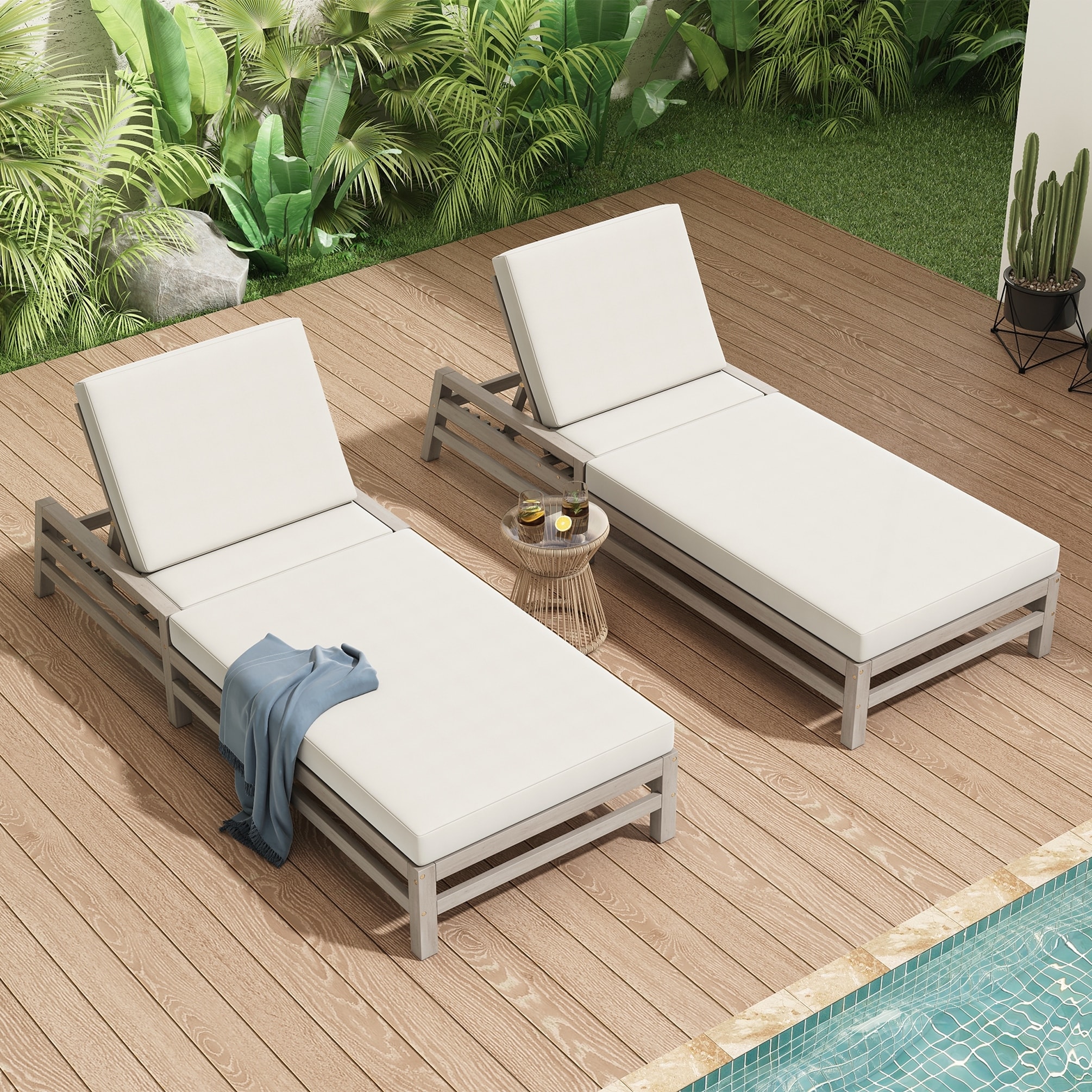 5-Position Adjustable Outdoor Chaise Lounge Set of 2, Solid Wood Patio Recliner Chair with Thick Cushions