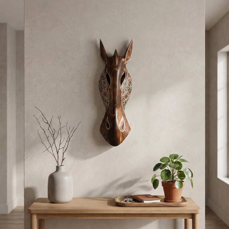 Safari Giraffe Wall Art - Hand Carved Wooden Mask with Tribal Dot Motif, Rustic Boho Decor