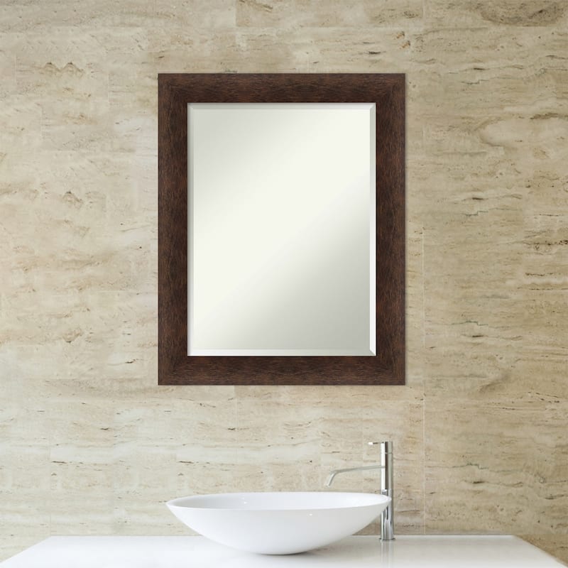 Warm Walnut Beveled Wood Framed Bathroom Vanity Wall Mirror - Warm Walnut