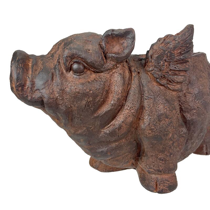 Flying Pig Planter 17" Brown, With Drain Hole, Rustic Indoor Outdoor - 10.75 X 17 X 8.5 inches