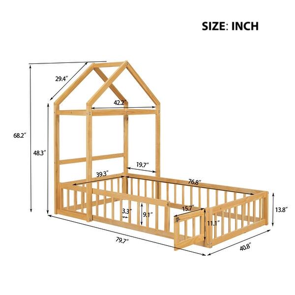 Natural Twin Size Wooden Floor Bed with Fence Railings and Detachable Headboard, Kids Dress Up Rack, Playhouse Frame