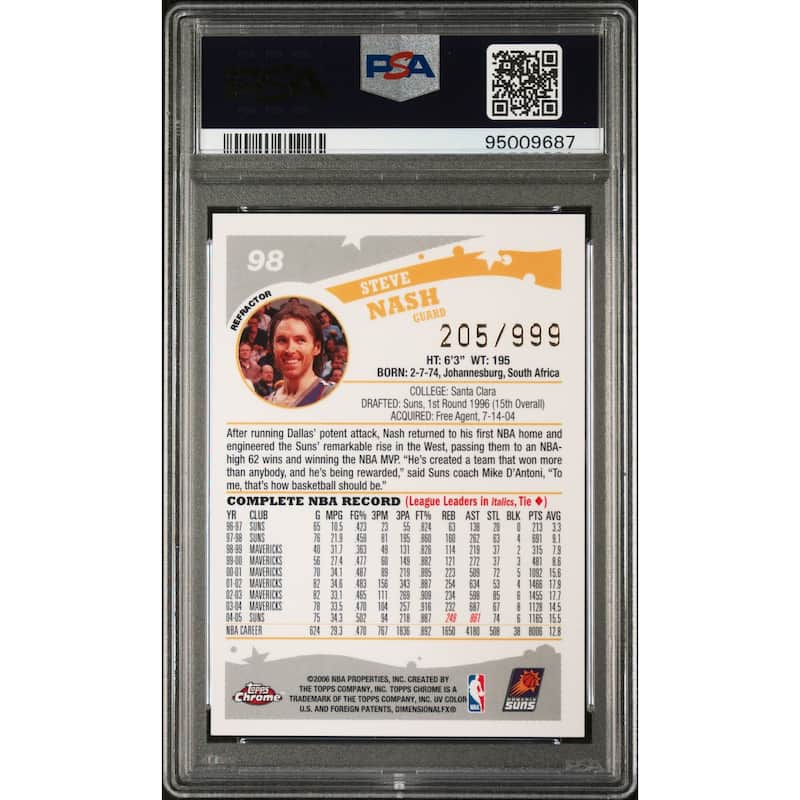 Steve Nash 2005 Topps Chrome Refractor Signed Card #98 Auto Graded PSA 10 205/999 - 8'6" x 11'6"