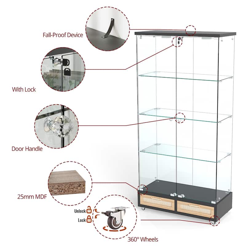 65.9" Modern Glass Display Cabinet with LED Lights, 2 Large Drawers & 4 Shelves, Lockable Storage Case