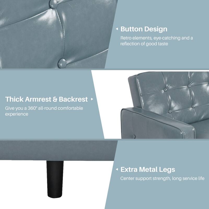 74.4” L Faux Leather Full Handcrafted Button Tufted Sofa 3-Seat, Convertible Sleeper Couch Adjustable Backrest