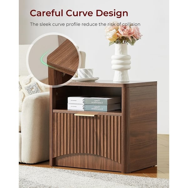 Ravas Nightstand Set Of 2 - Boho Farmhouse Wooden End Tables With Fluted Drawer & Open Shelf, For Bedroom Or Living Room