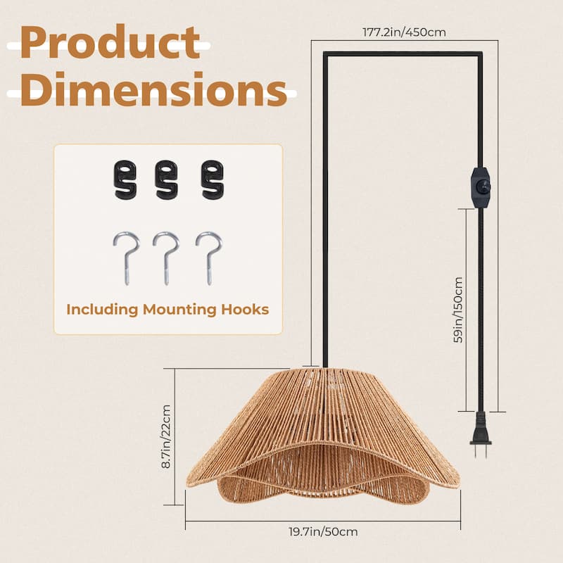 FTL Rattan Plug in Pendant Light for Ceiling Farmhouse Boho Woven - 19.7 inch