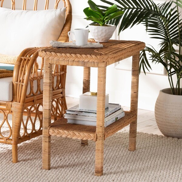 Minahasa Bohemian Light Honey Braided Rattan Side Table - Bed Bath