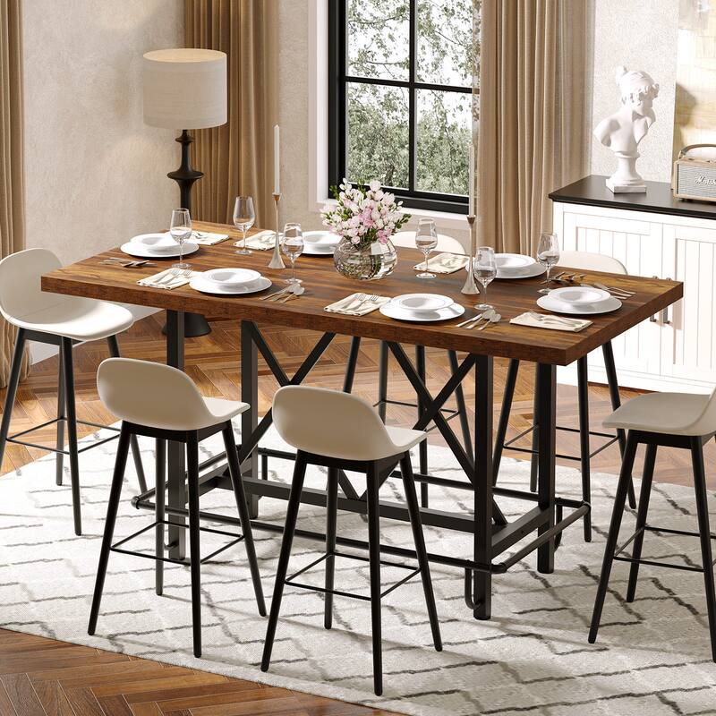 63" Long Wood Dining Table for 4-6 People, Farmhouse Dinner Table with Thick Tabletop, Kitchen Table with Footrest