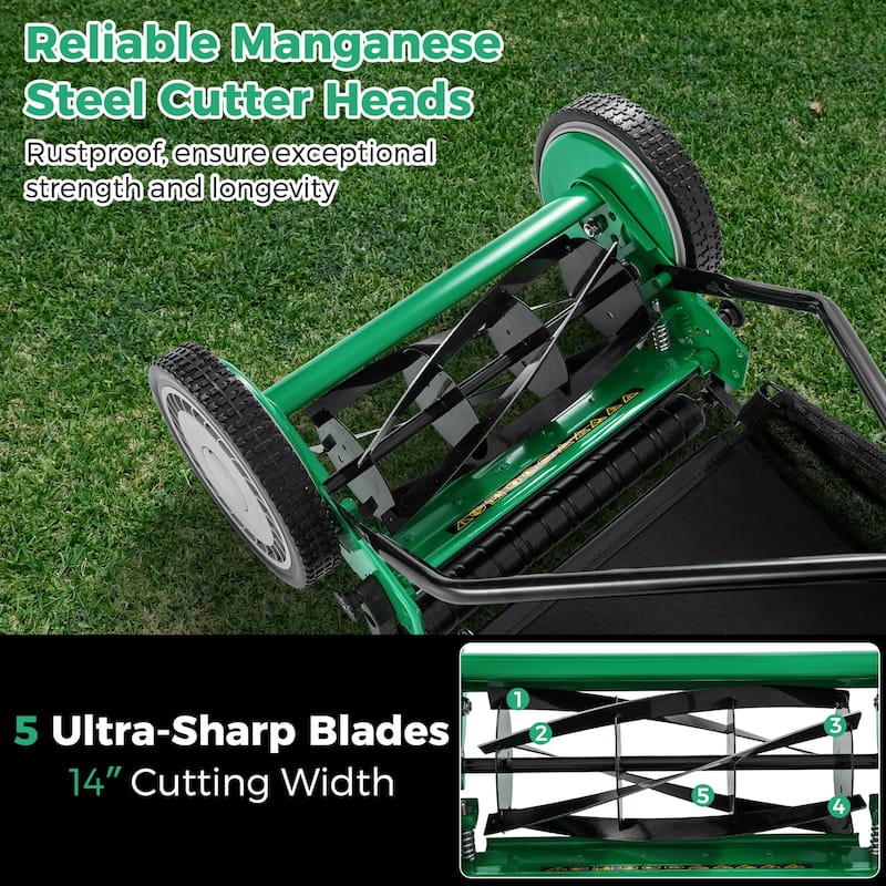 Gymax 14'' Manual Reel Mower w/ 5-Blade 6.6 Gallon Removable Grass