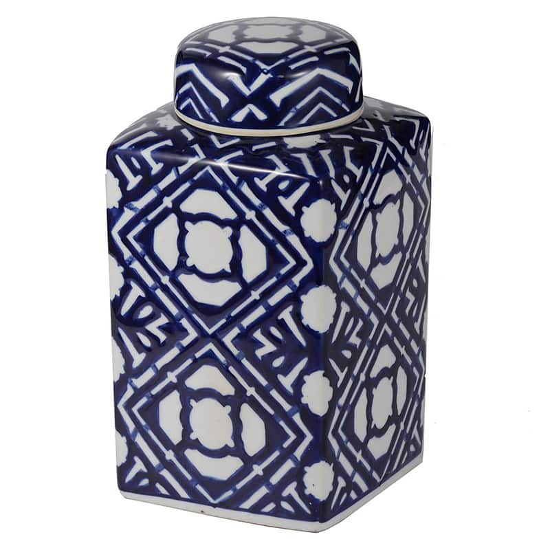 5.3x5.3x10" Valora Blue and White Square Lidded Jar