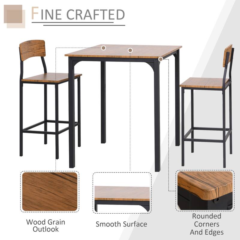 HOMCOM 3 PCs Modern Counter Height Dining Table Set with 2 Matching Stools Foorest Steel Legs