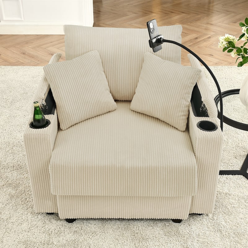 Corduroy Sofa Chair with Storage Armrest, Cup Holders and Phone Stand - Beige