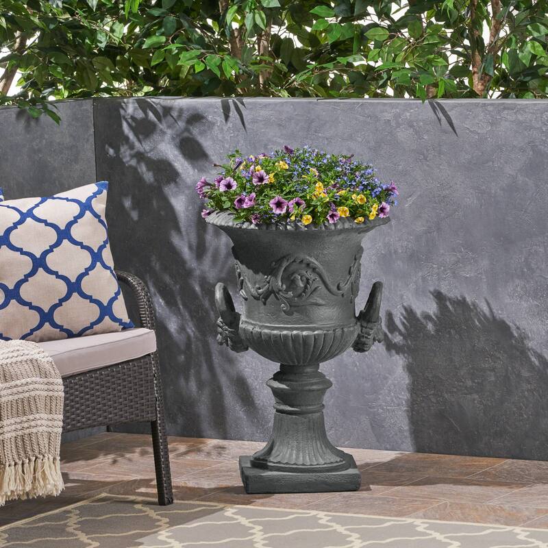 Handmade Chalice Planter Botanical Details drainage hole and stopper - Antique Grey
