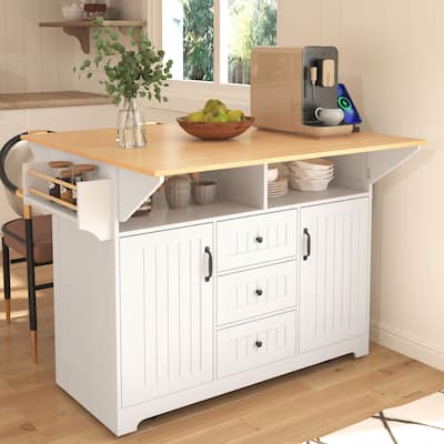 White & Dark Walnut Kitchen Base Cabinet with 3 Drawers, 2 Shelves & Expandable Top Surface