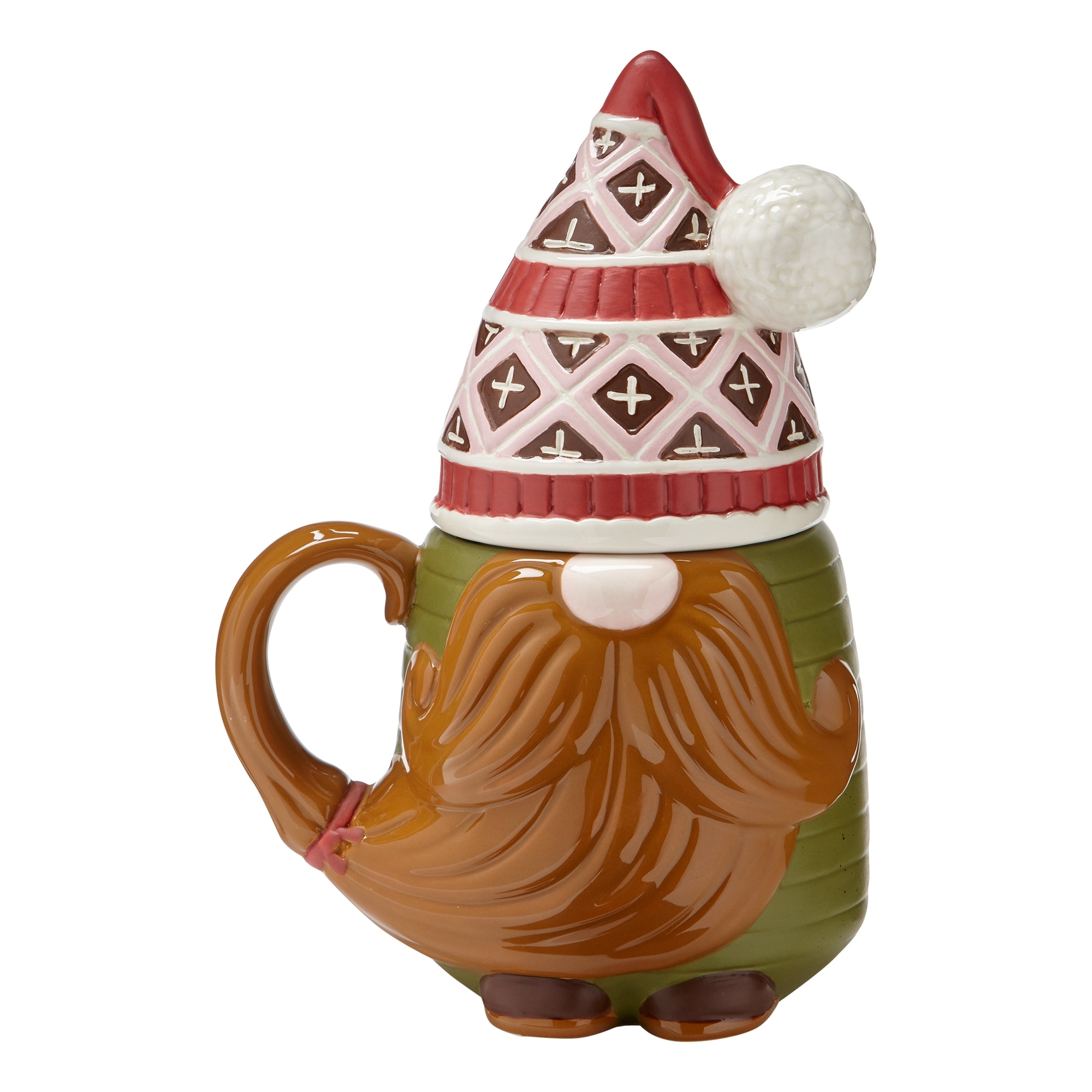 Oskar Gnome Lidded Mug 18oz Ceramic Drinkware Multicolor Christmas Design Hand Wash Only 9in H x 6.34in L x 4.7in W