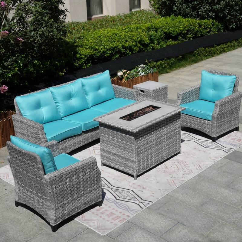 5-Piece Patio Wicker Sofa Set with Firepit Table and Rain cover
