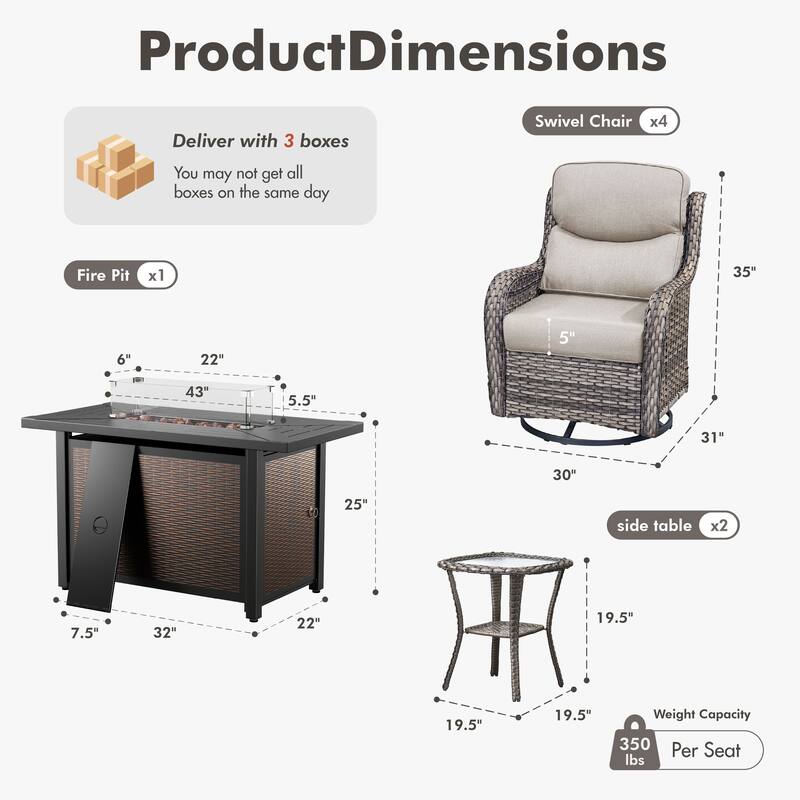 Meyreso 7-Piece Outdoor Patio Wicker Fire Pit 4 person Conversation Set with 5-Inch Thick Cushions