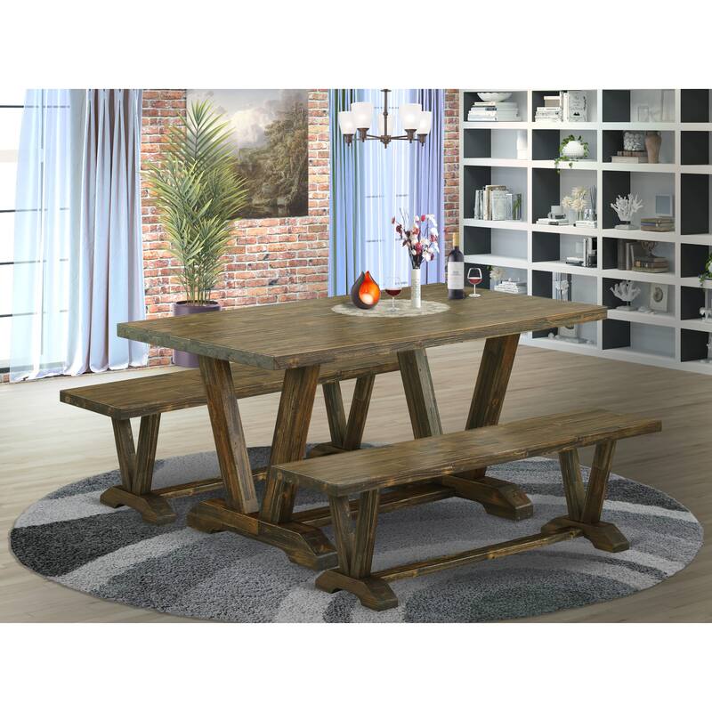 East West Furniture 3 Piece Dining Room Set - 1 Dining Table and 2 Benches(Finish Options) - V2-776
