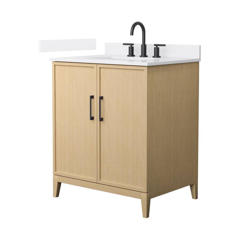 Wyndham Collection WCH717130S-QTZ-US3MXX Elan 30" Free Standing Single - White Oak / White Quartz Top / Matte Black