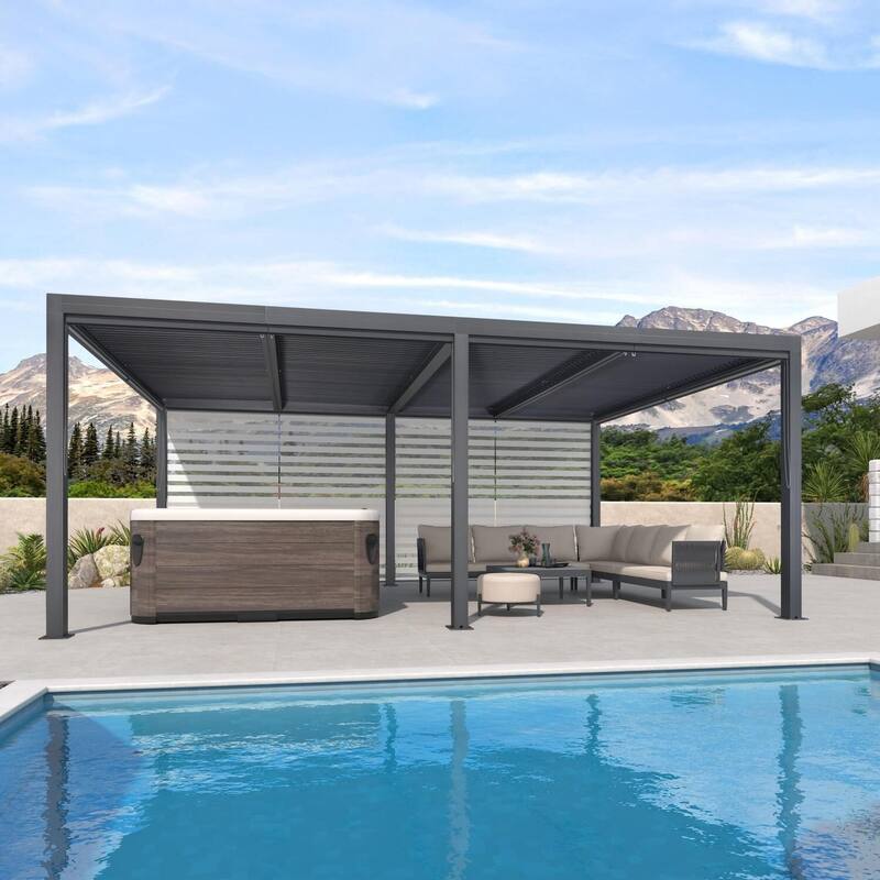PURPLE LEAF Gray Louvered Pergola Outdoor Aluminum Pergola with Adjustable Roof for Patio Grey Hardtop Gazebo - 12' x 20' - 1L(Roller Blinds)