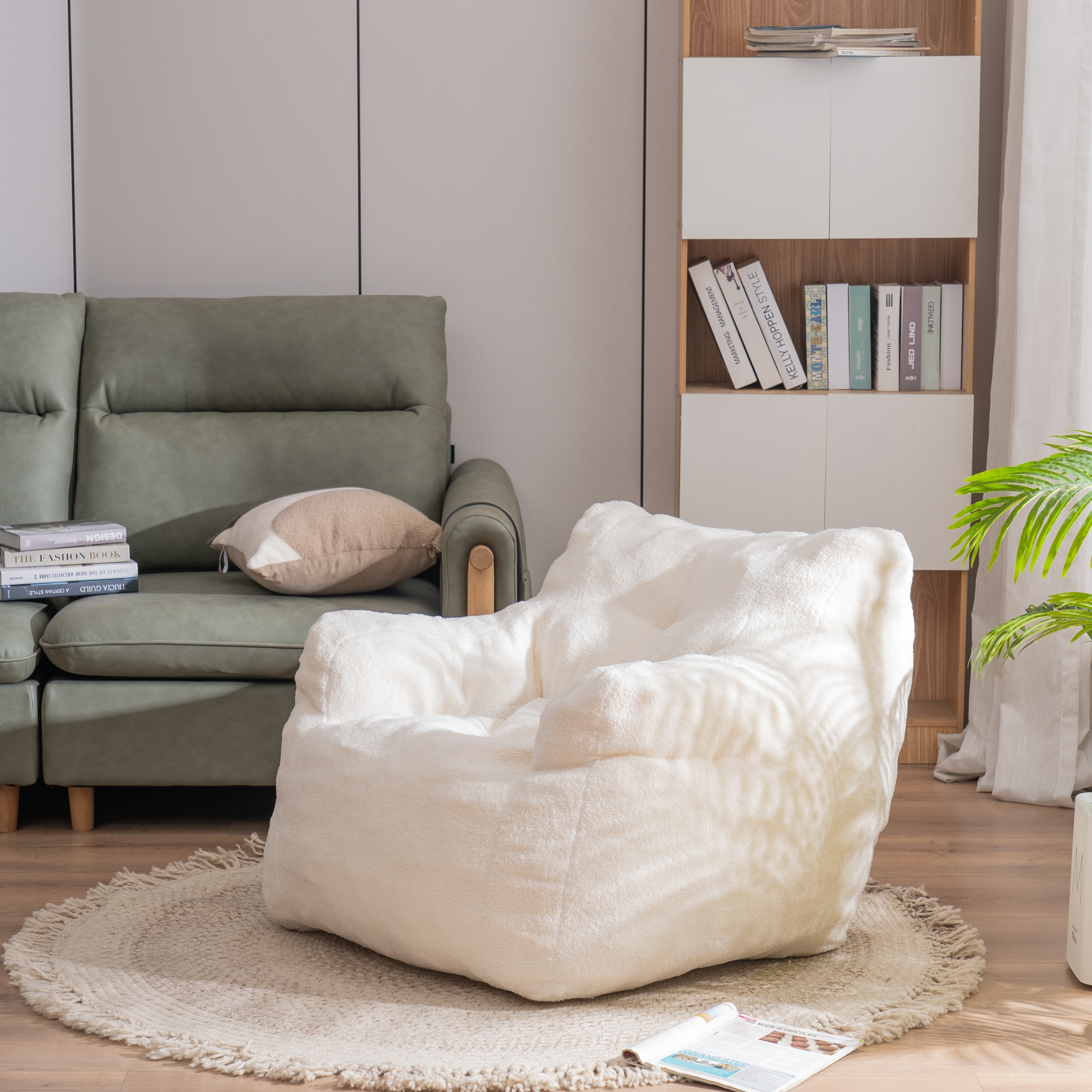 Soft Tufted Foam Bean Bag Chair with Teddy Fabric for Living Room