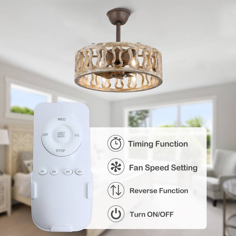 18 Inch Vintage Farmhouse Caged Ceiling Fan with Lights and Remote, 6-Speed Reversible Bladeless Ceiling Fan Fandelier - 18"