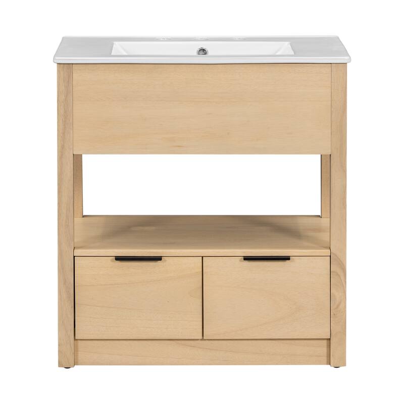 Modern 30-Inch Bathroom Vanity with Ceramic Sink, Open Storage Shelf, and Two Drawers, Brown