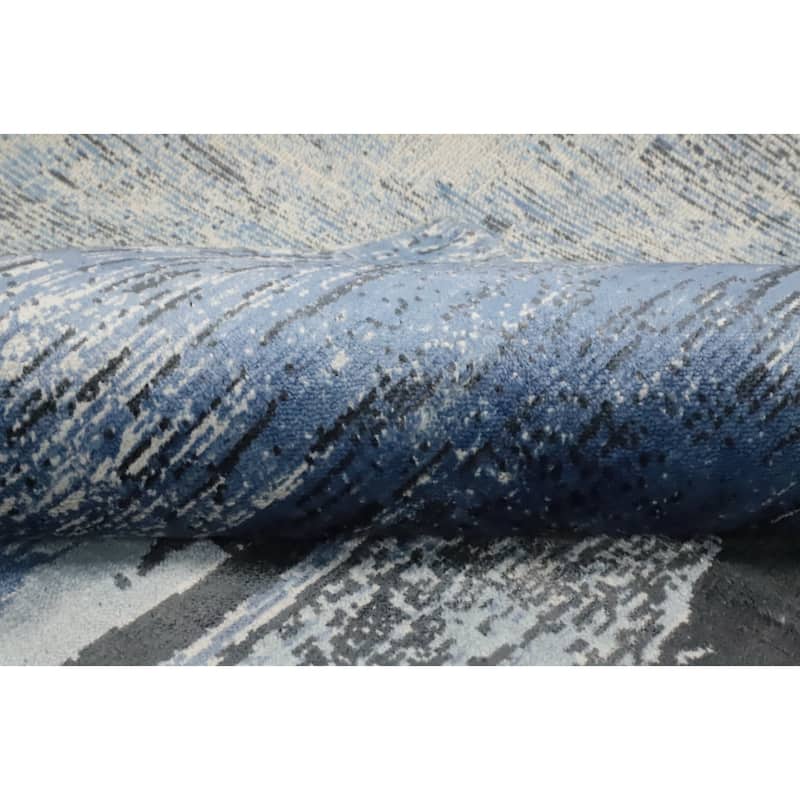 Hand Knotted Oriental Viscose Silk Carpet Modern Pictorial Navy Blue & Blues Abstract Area Rug - 7' 10'' X 5' 8''
