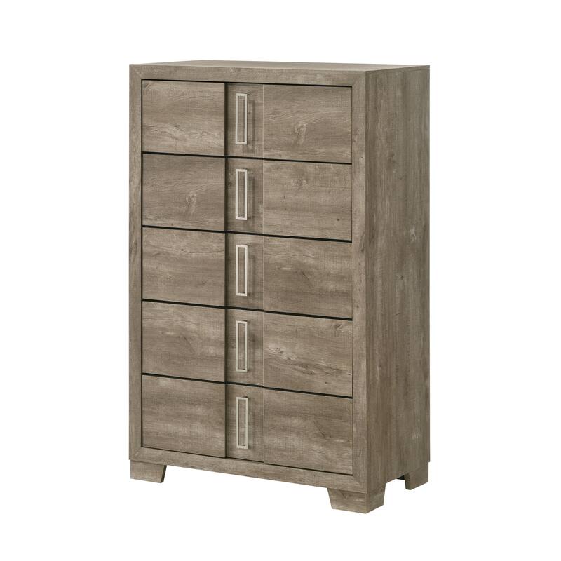 Dawson Light Brown Wood 5 Drawer Chest with Metal Pulls