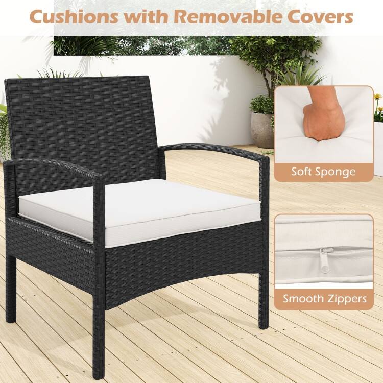 3 Piece Black PE Rattan Patio Set with Beige Cushions Table and 2 Chairs - 20” x 20” x 15”