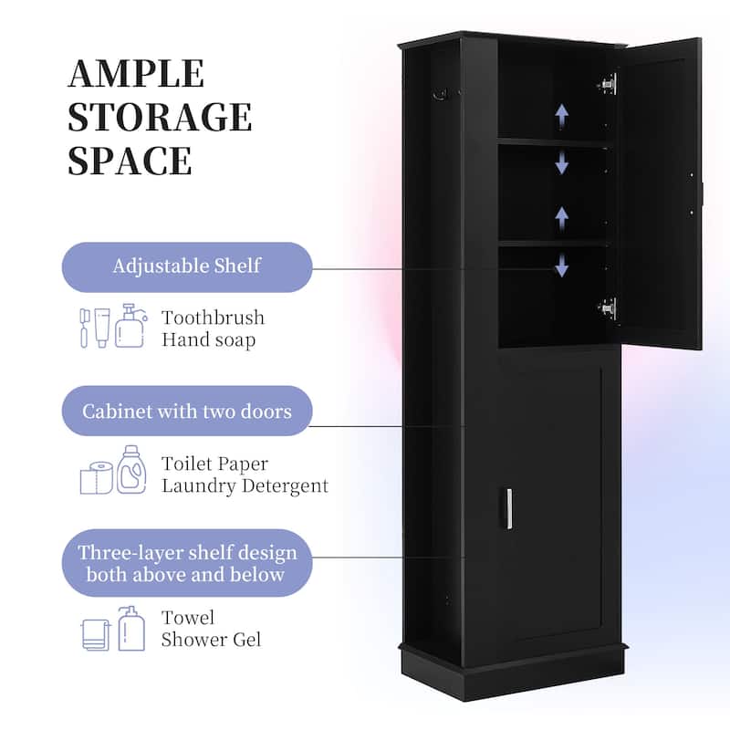Tall Bathroom Storage Cabinet, Freestanding Floor Cabinet, Storage Organizer Cabinet with Side Hook & Adjustable Shelf