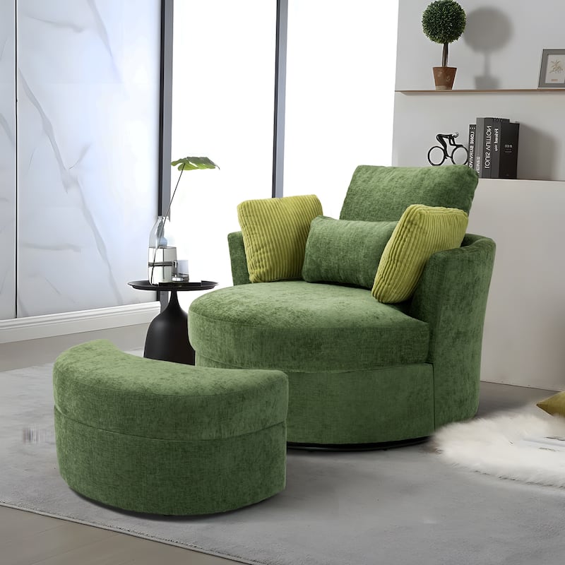 Chenille/Boucle Swivel Barrel Chair with Storage Ottoman