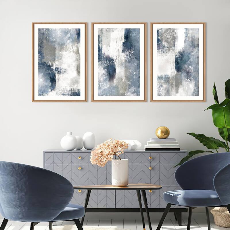 Abstract Navy Blue Gray Framed Canvas Wall Art Set