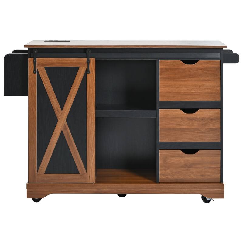 55" Wood Rolling Kitchen Island with Drop Leaf,Barn Door,Power Outlet