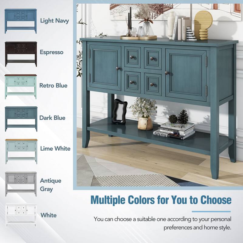 Ample Storage Vintage Console Table With Four Small Drawers And Bottom Shelf