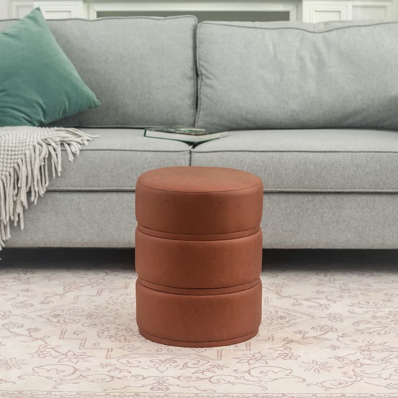 Adeco Round Ottoman 17.9" Height Footrest Vanity Stool - Dark-Orange-Faux-Leather