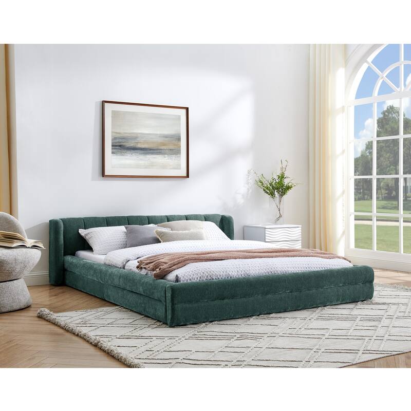 Modern Queen Size Upholstered Platform Bed with Headboard in Blue Chenille Fabric