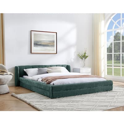 Queen Size Upholstered Platform Bed with Thick Chenille Fabric, Solid Frame & Headboard,Blue+Green