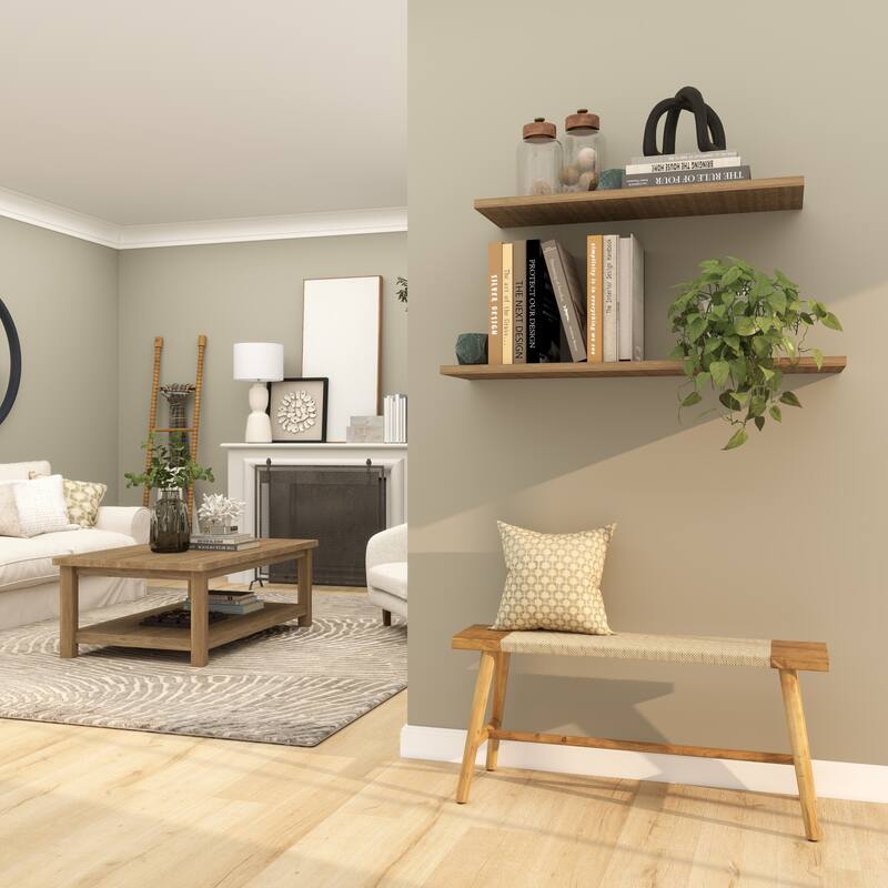 Brown Wood Handmade Traditional Home Bench with Rope Wrapped Seat