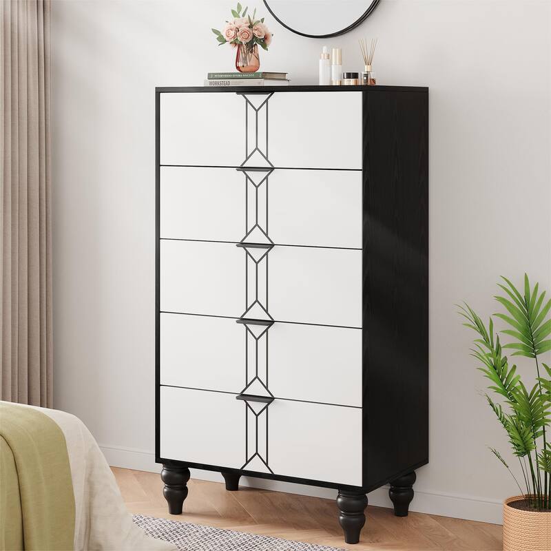 5/6 Drawer Dresser for Bedroom, Modern Wooden Chest with Deep Drawers, Storage Organizer - 5-drawer - Black and White